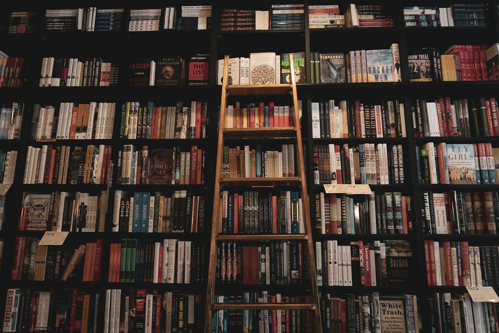 Wooden ladder leaning by a bookshelf — atmosphere for ladder-style storage, not a product pick