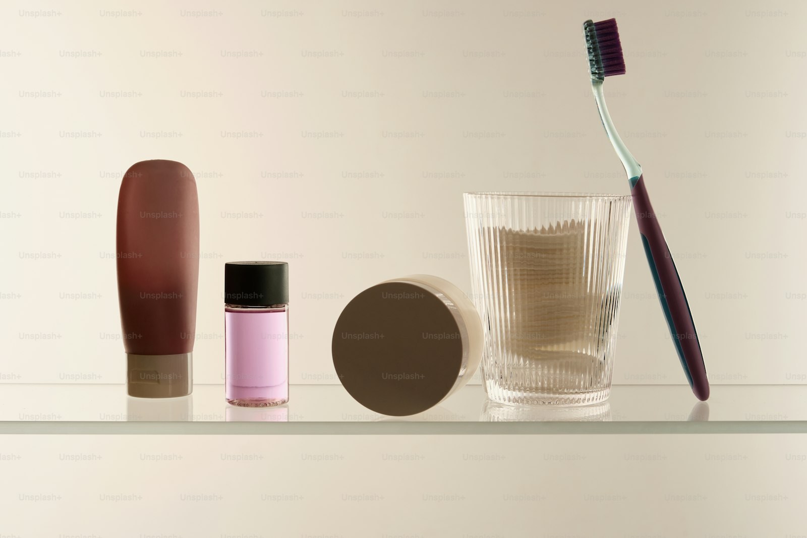 Bathroom toiletries on a shelf — atmosphere, not a product pick