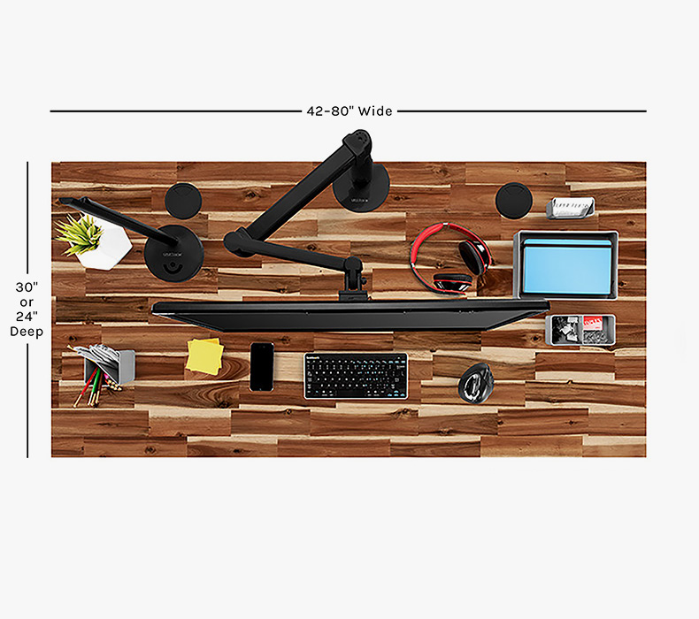 UPLIFT rectangular desktop size chart showing 24 and 30 inch depth options